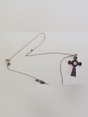Necklace Crucifix Cross Silver Pink Crystal Rhinestone Vintage